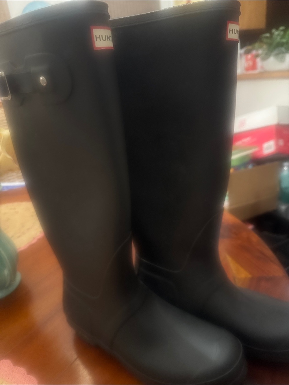 Hunter Tall Black Gloss Rain Boots with Side Buckle sz 10